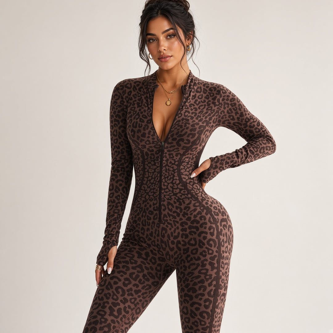 Front-Zip Leopard Flared Jumpsuit