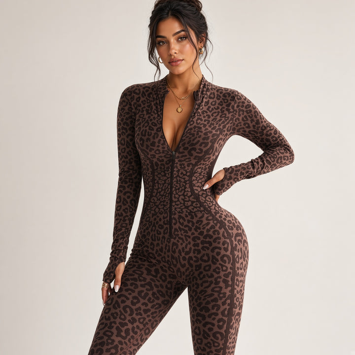 Front-Zip Leopard Flared Jumpsuit