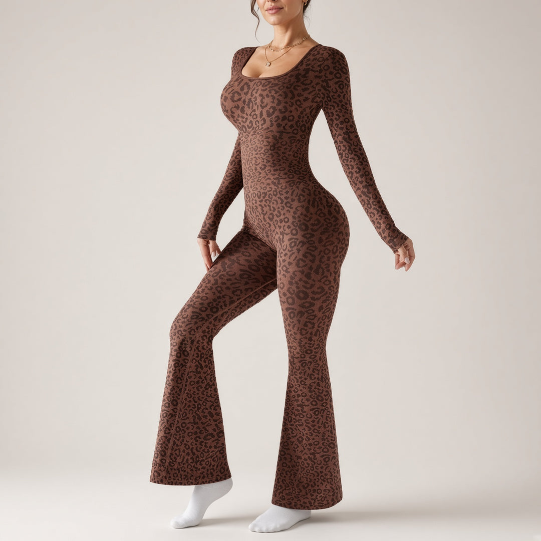 Leopard-Print Long-Sleeve Flared Jumpsuit