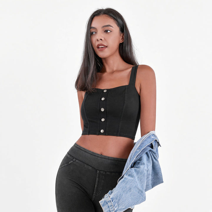 VISSONG Square-Neck Button-Front Denim Crop Top