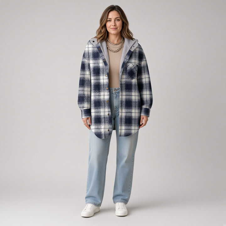 VISSONG Women’s Plush-Hood Plaid Snap-Front Shacket