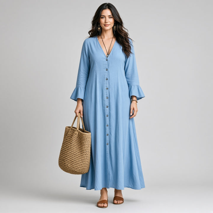 VISSONG Women’s V-Neck Button-Front Flounce-Cuff Maxi Dress