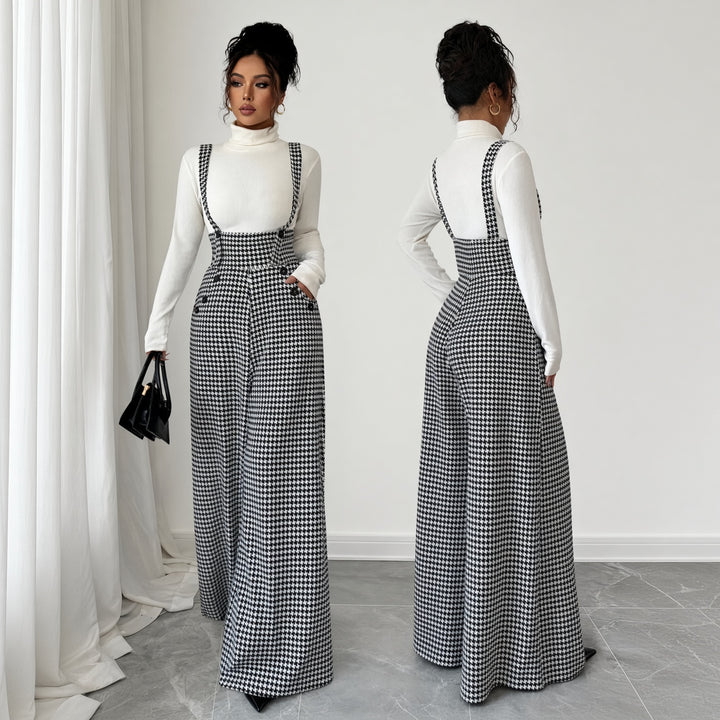 VISSONG Women’s Houndstooth Wide-Leg Suspender Pants