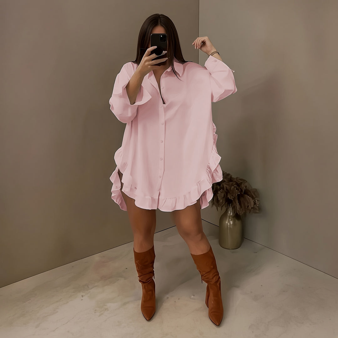 Women’s Ruffle-Trim Balloon-Sleeve Mini Shirt Dress