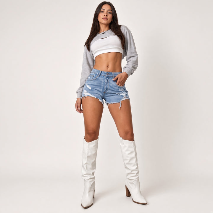 Distressed High-Waist Denim Shorts