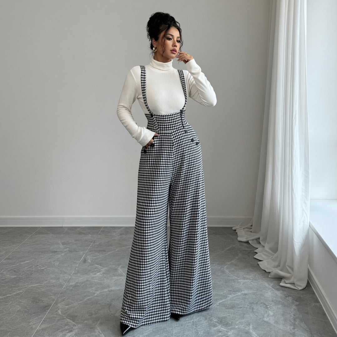 VISSONG Women’s Houndstooth Wide-Leg Suspender Pants