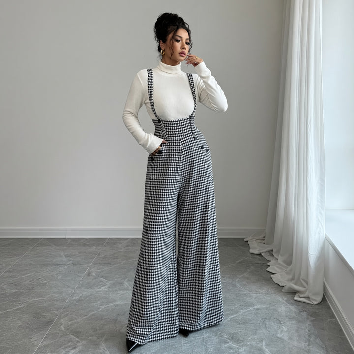VISSONG Women’s Houndstooth Wide-Leg Suspender Pants