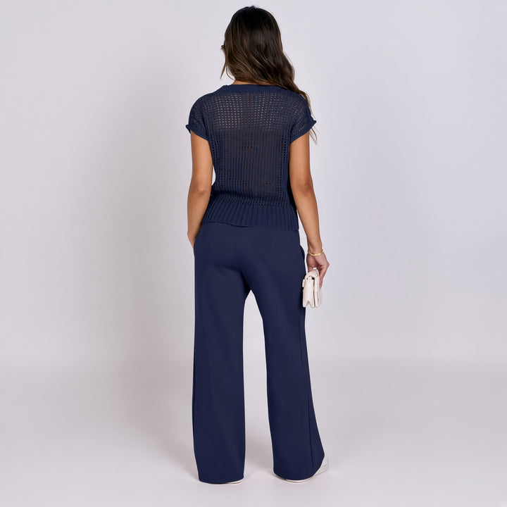 VISSONG Women’s Open-Knit Top Drawstring Wide-Leg Pants Set