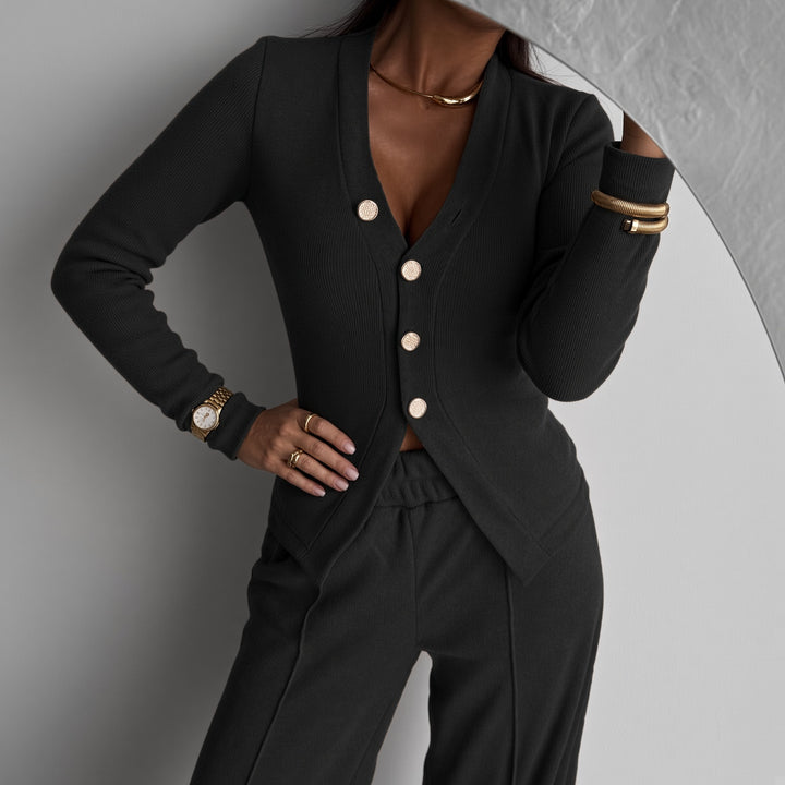 Women’s Ribbed Button-Front Cardigan &amp; Wide-Leg Pants Set