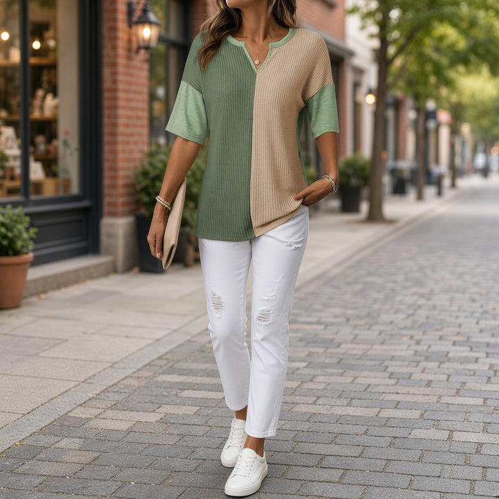 Women’s Colorblock Textured Split-Neck Relaxed Top