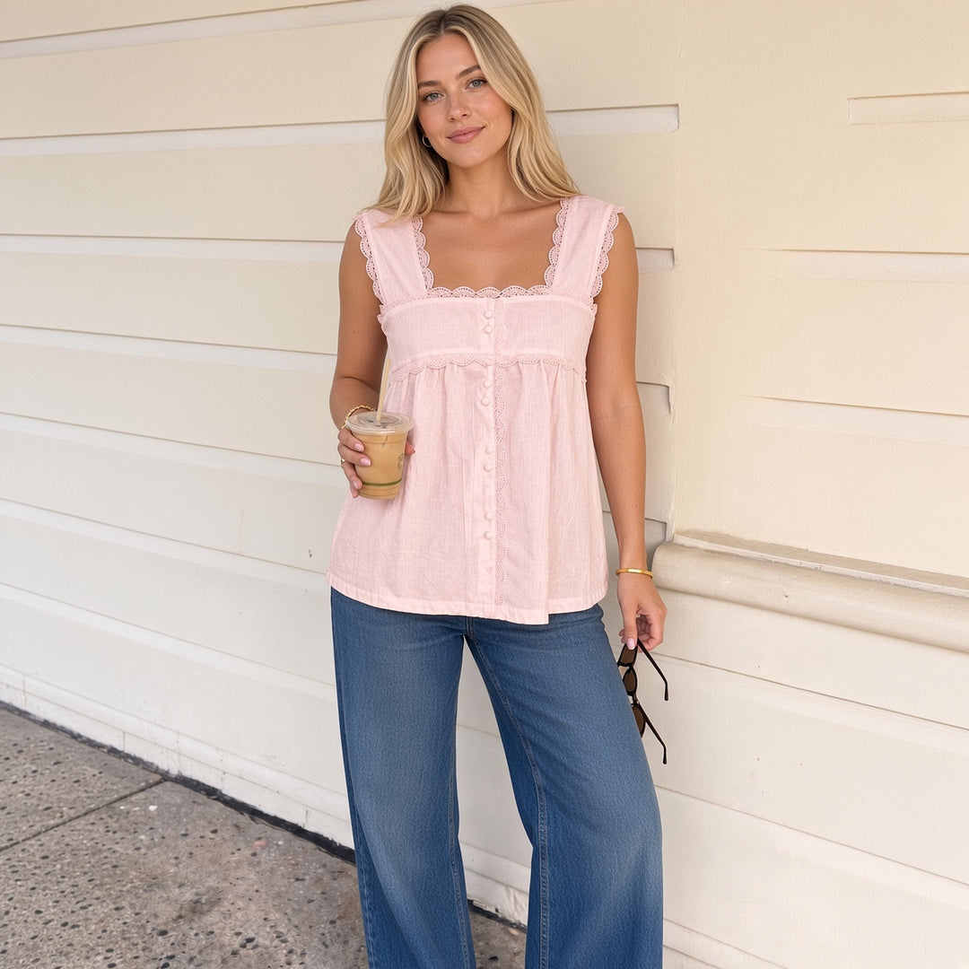 VISSONG Women’s Scalloped Lace Square-Neck Babydoll Top
