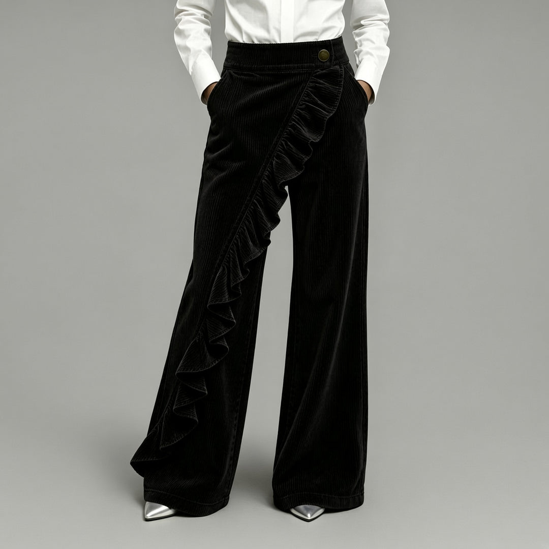 Women’s High-Waisted Ruffle-Overlay Corduroy Wide-Leg Pants