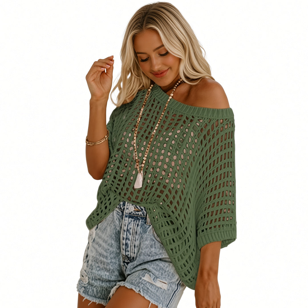 VISSONG Women’s Wide-Neck Openwork Batwing Knit Top