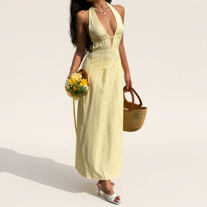 Striped Cutout Halter Maxi Dress
