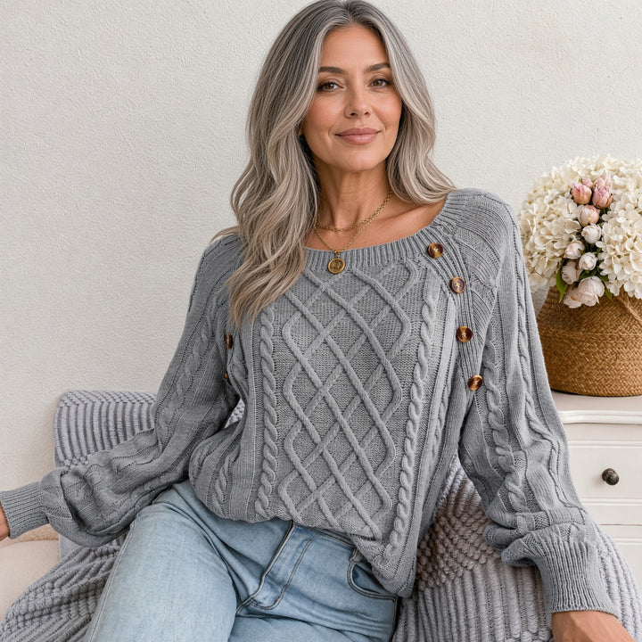 VISSONG Women’s Button-Trim Diamond Cable Knit Sweater