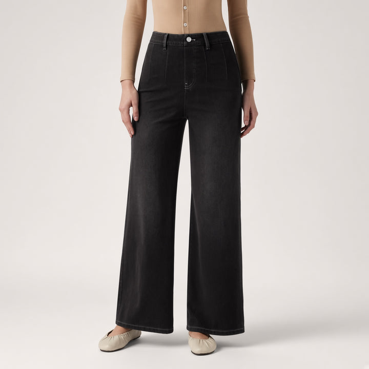 Pleated High-Waist Wide-Leg Jeans
