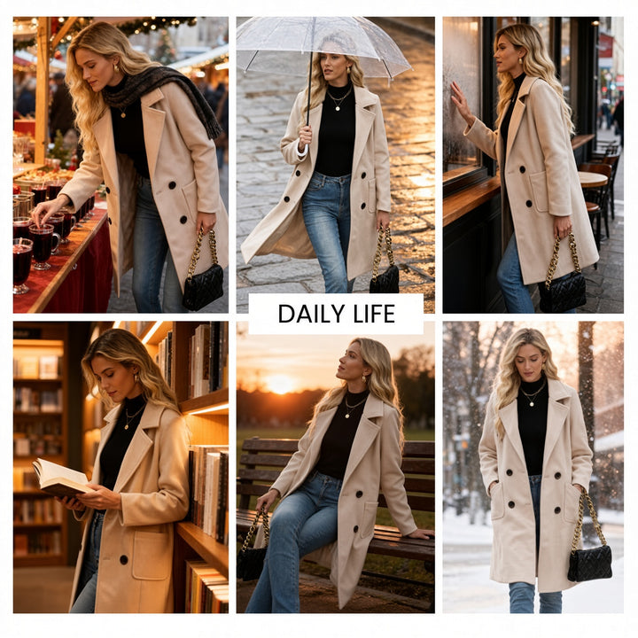 VISSONG Women’s Notched-Lapel Double-Breasted Longline Coat