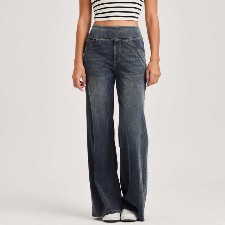 Pull-On High-Waist Wide-Leg Jeans