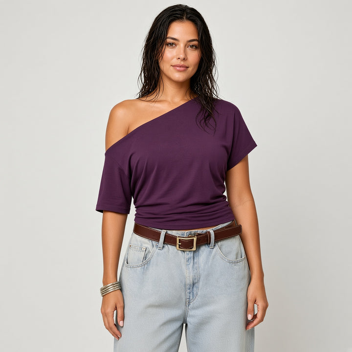 VISSONG Women’s Asymmetric Off-Shoulder Draped Crop Top