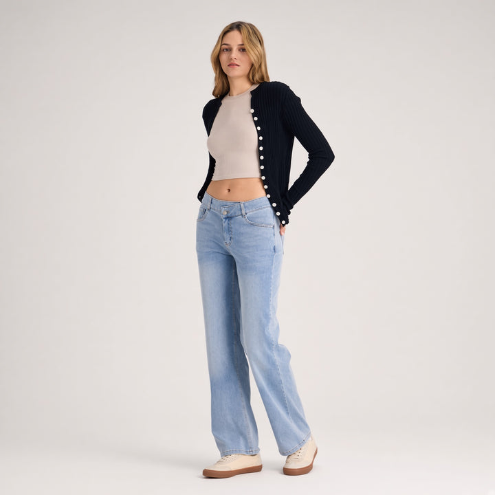 Crossover-Waist Straight-Leg Jeans