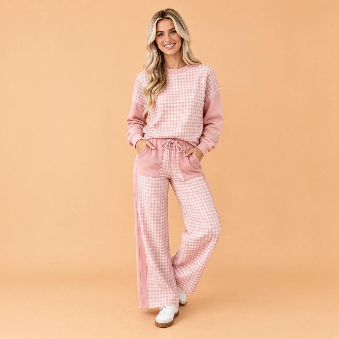 VISSONG Women’s Gingham Colorblock Pullover &amp; Wide-Leg Pants Set