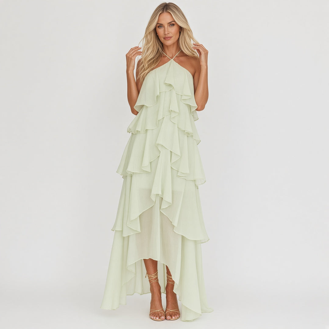 VISSONG Women’s Cascading Ruffle Halter Asymmetrical Maxi Dress