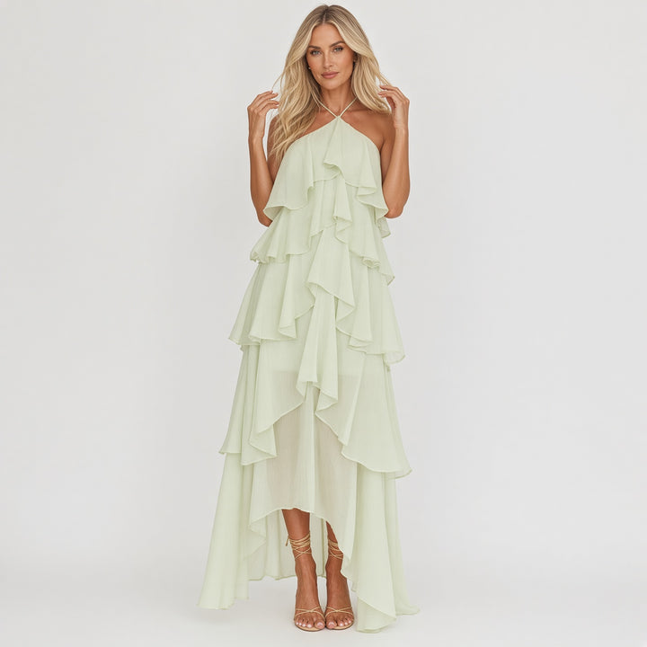 VISSONG Women’s Cascading Ruffle Halter Asymmetrical Maxi Dress