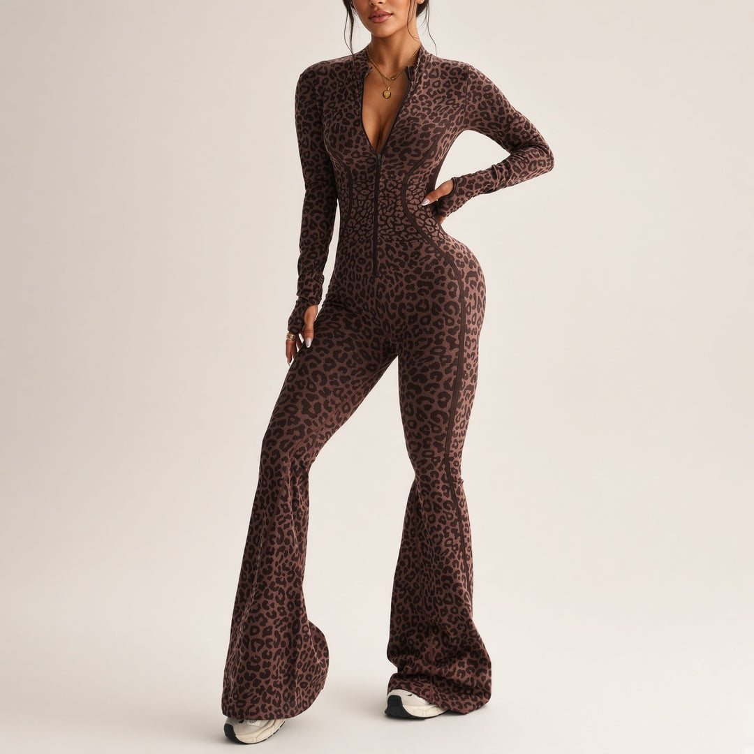 Front-Zip Leopard Flared Jumpsuit