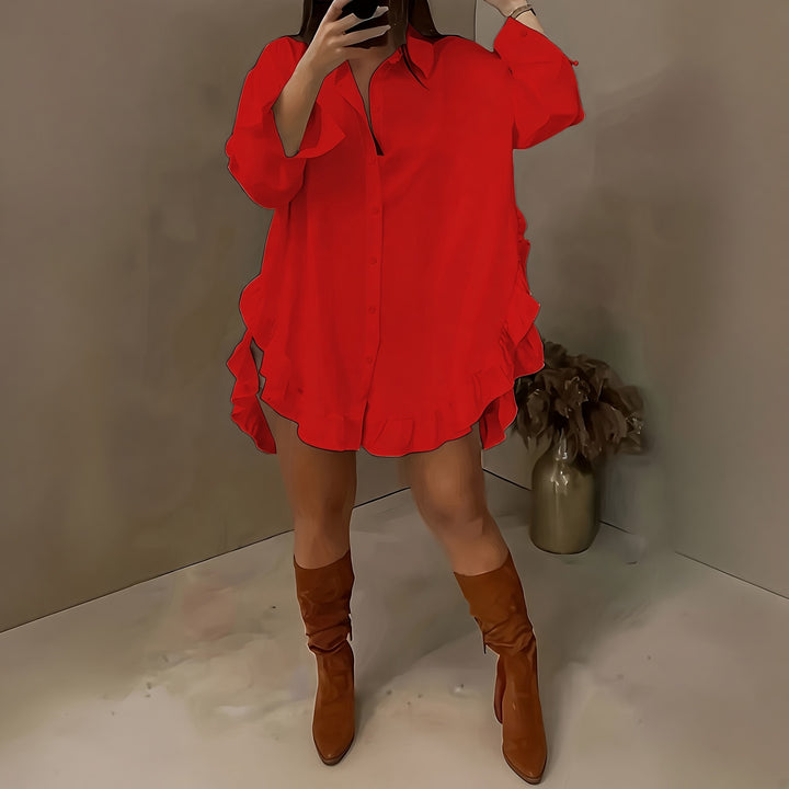 Women’s Ruffle-Trim Balloon-Sleeve Mini Shirt Dress