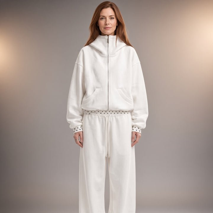Women’s Polka Dot Trim Zip-Up Hoodie &amp; Wide-Leg Pants Set