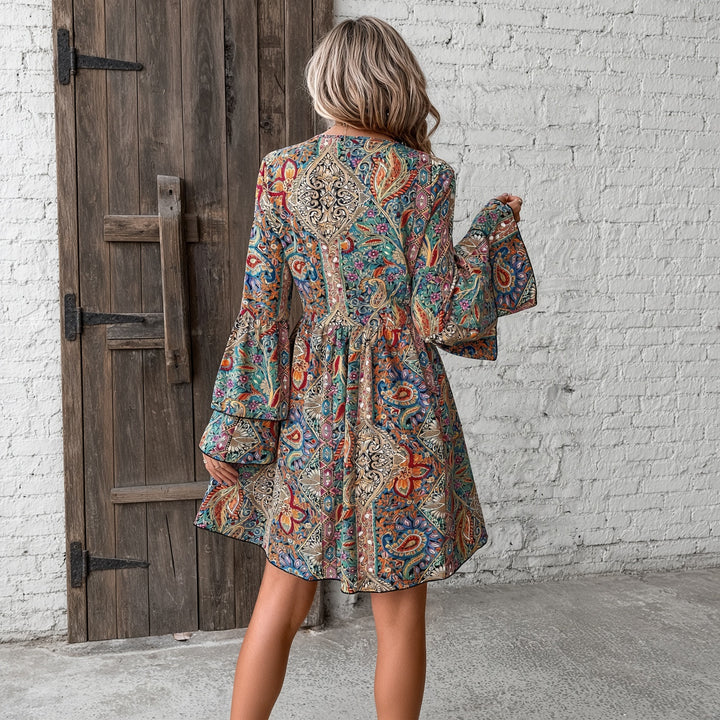 VISSONG Women’s Mosaic Paisley V-Neck Bell-Sleeve Mini Dress