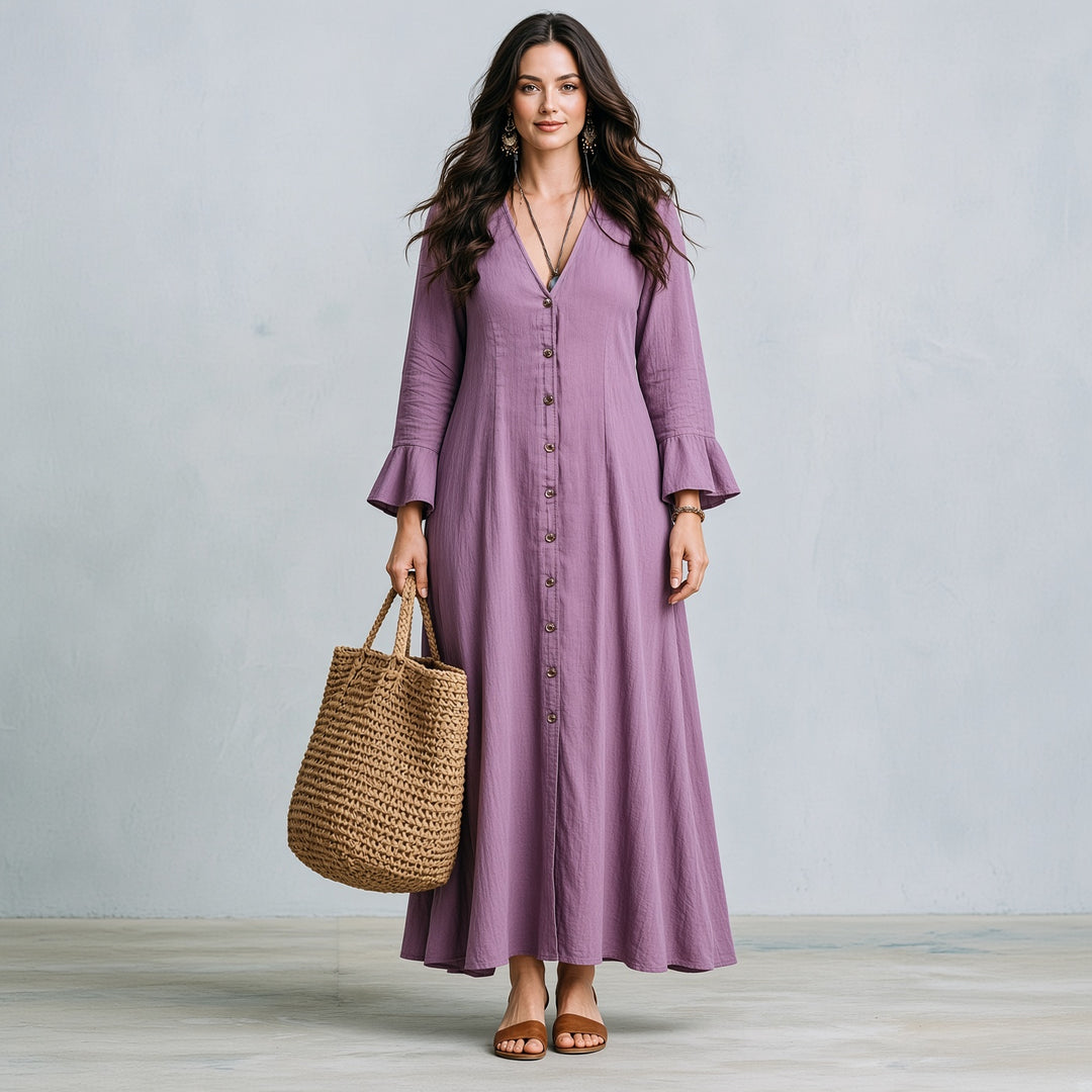 VISSONG Women’s V-Neck Button-Front Flounce-Cuff Maxi Dress