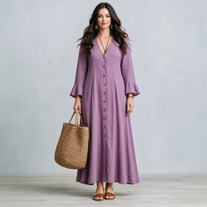 VISSONG Women’s V-Neck Button-Front Flounce-Cuff Maxi Dress