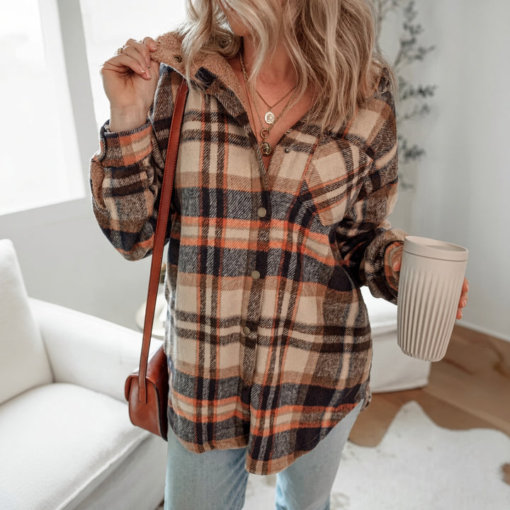 VISSONG Women’s Plush-Hood Plaid Snap-Front Shacket