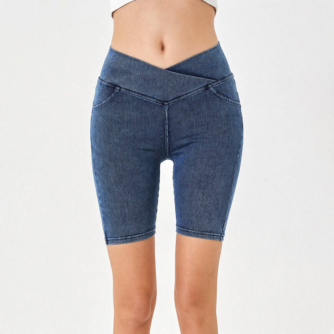 VISSONG Women’s Crossover Waist Denim Biker Shorts