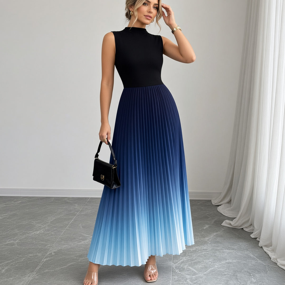 VISSONG Women’s Mock-Neck Ombré Pleated Maxi Dress