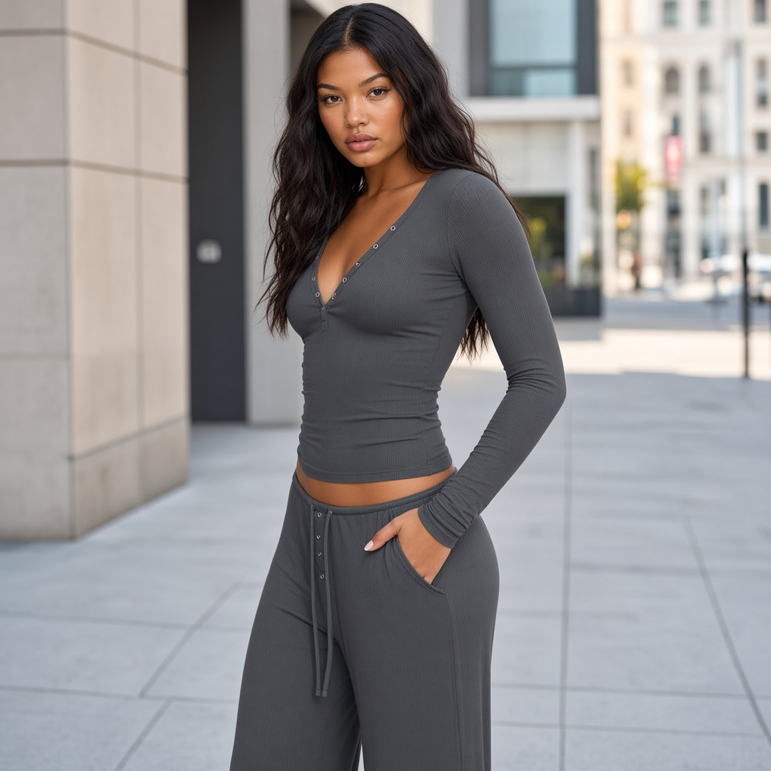 Ribbed Snap-Front Long-Sleeve Set