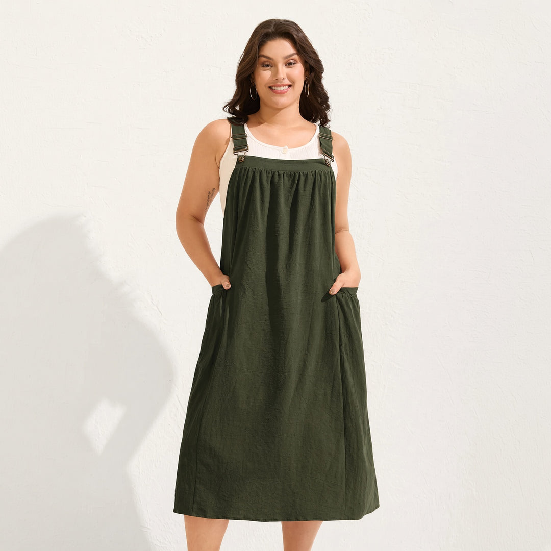 Women’s Cotton Buckle-Strap Gathered Pocket Pinafore Dress