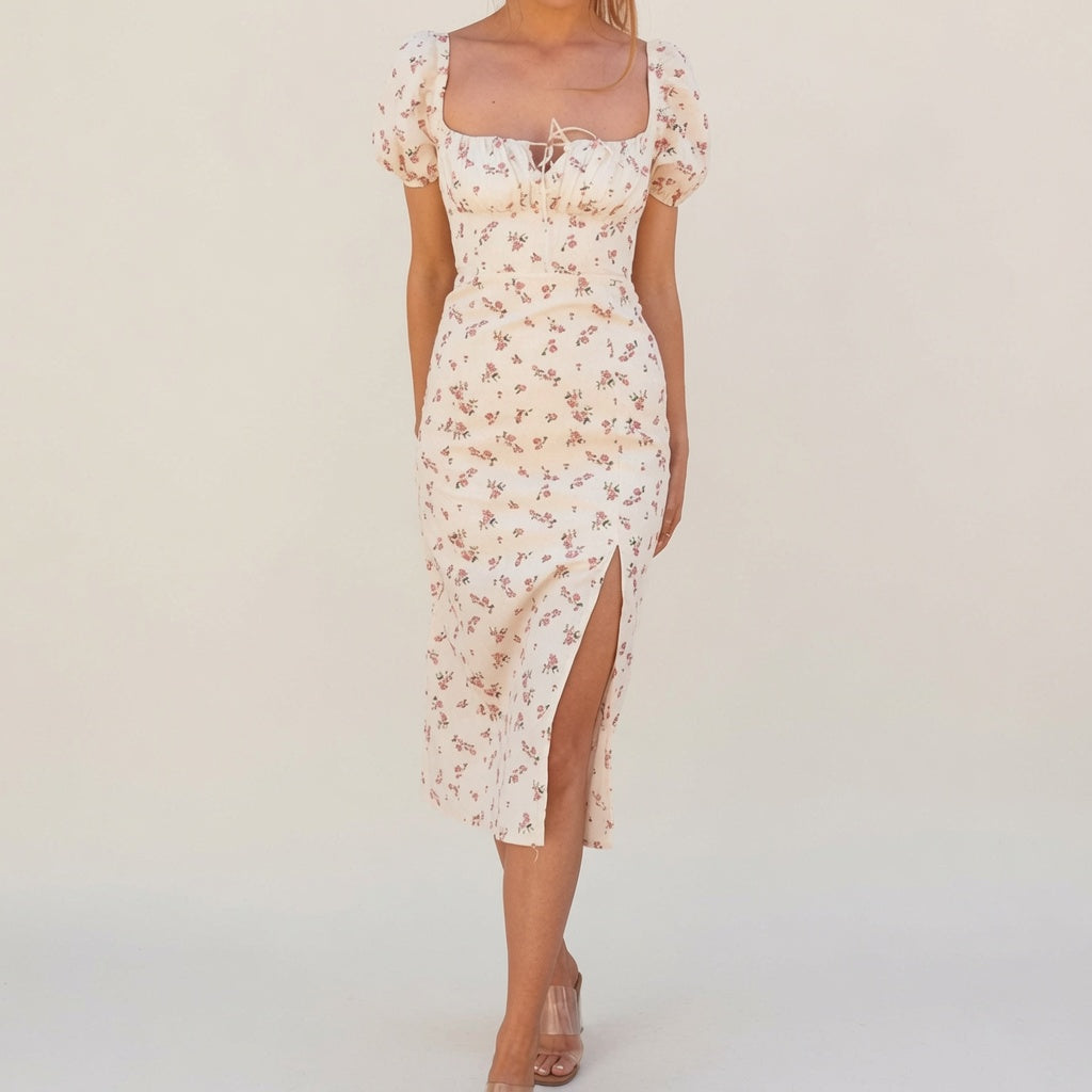 Romantic Floral Puff-Sleeve Midi Dress