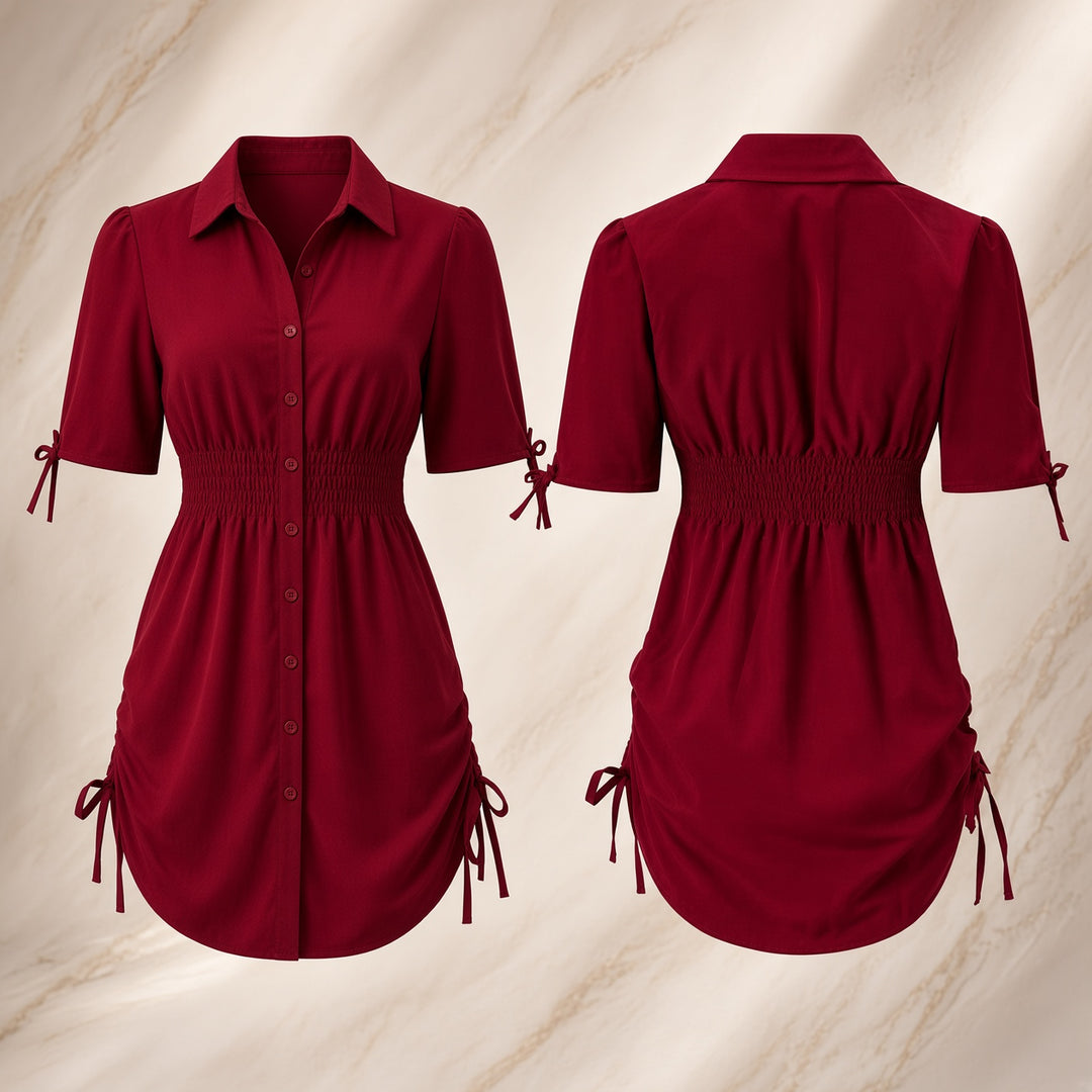 Women’s Side-Ruched Tie-Sleeve Mini Shirt Dress