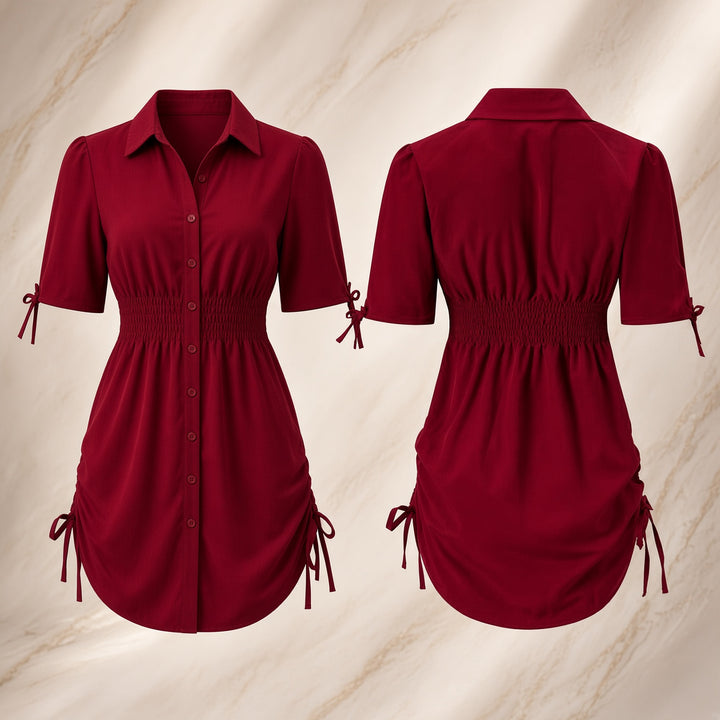Women’s Side-Ruched Tie-Sleeve Mini Shirt Dress