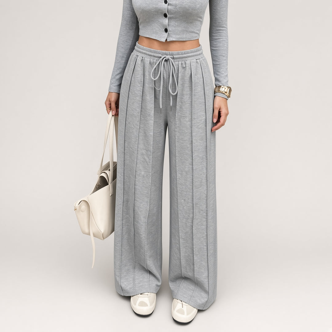 Drawstring Seam-Front Wide-Leg Pants