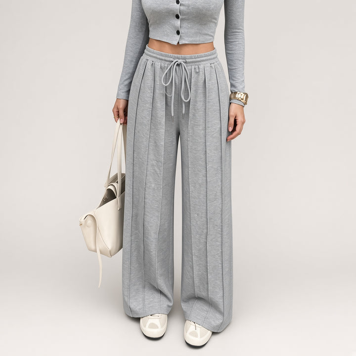 Drawstring Seam-Front Wide-Leg Pants