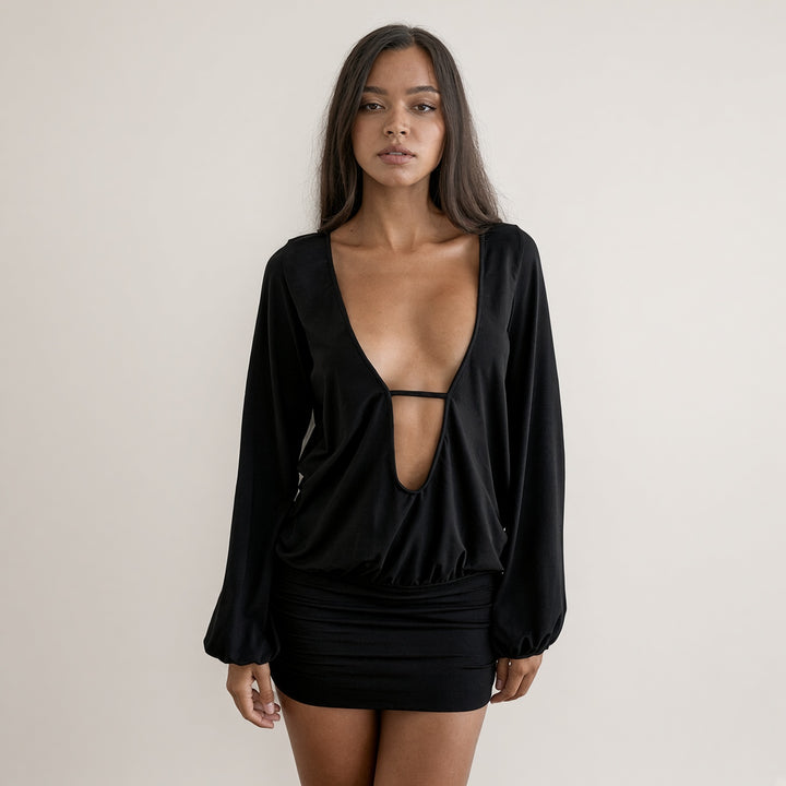 Plunging-Neck Ruched Long-Sleeve Mini Dress