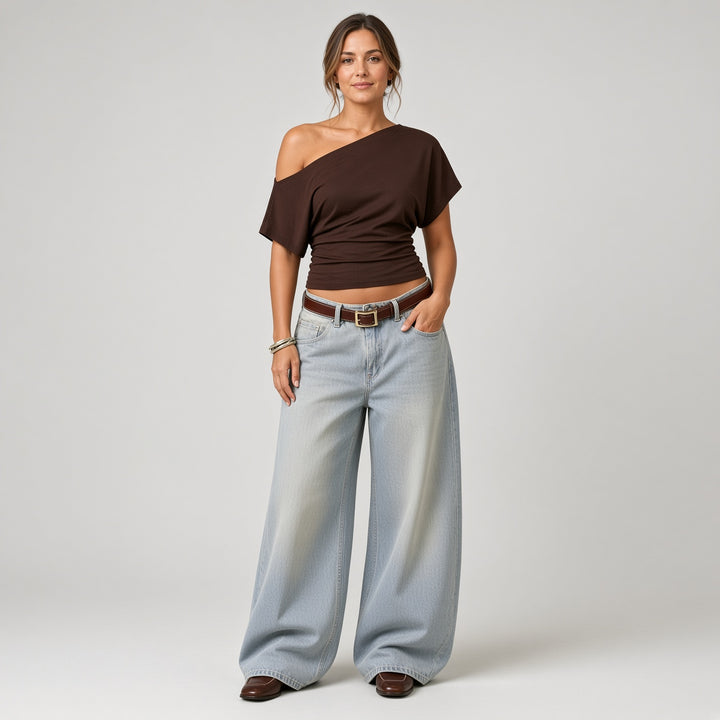 VISSONG Women’s Asymmetric Off-Shoulder Draped Crop Top