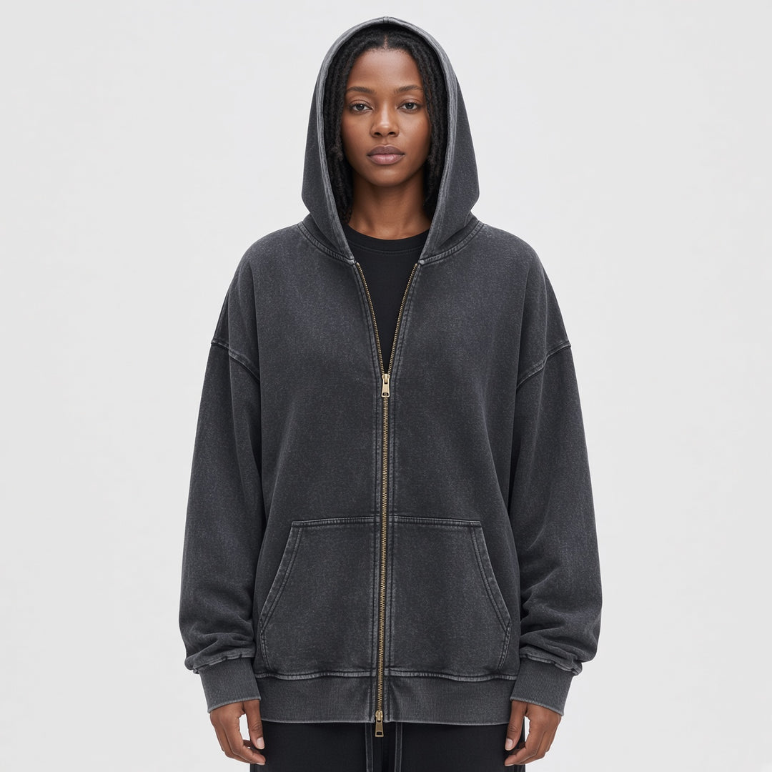 VISSONG Vintage Washed Zip-Up Hoodie
