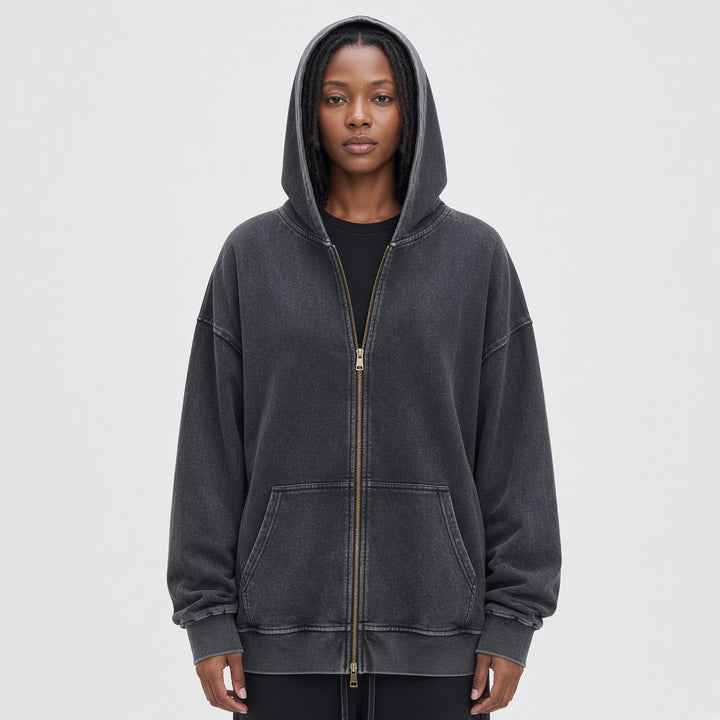 VISSONG Vintage Washed Zip-Up Hoodie
