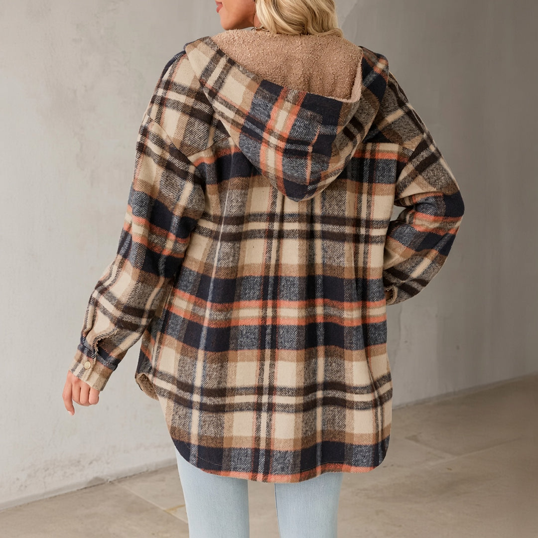 VISSONG Women’s Plush-Hood Plaid Snap-Front Shacket