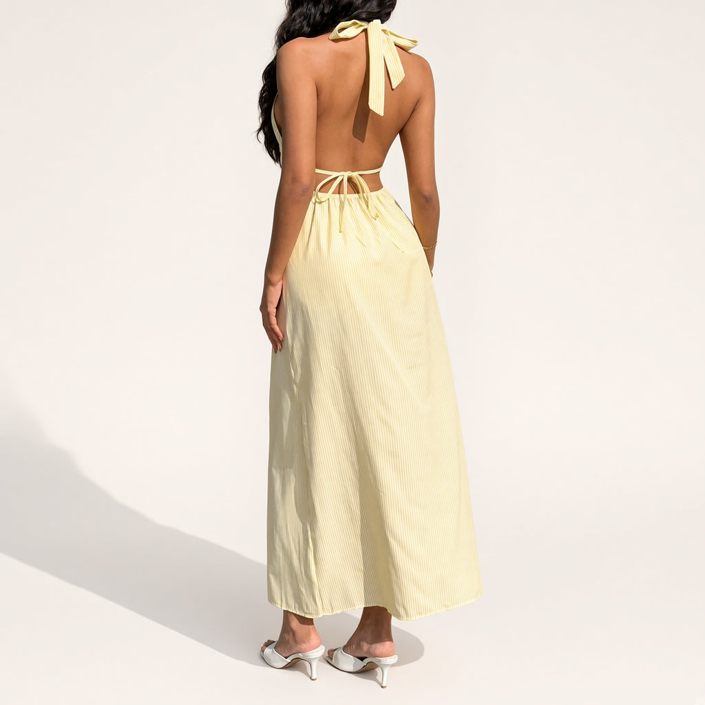 Striped Cutout Halter Maxi Dress