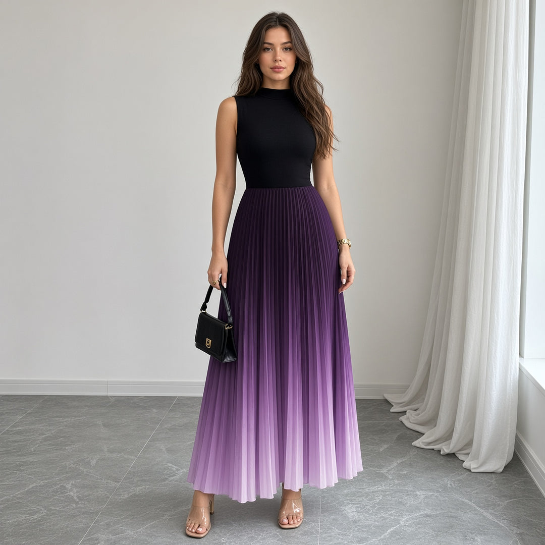 VISSONG Women’s Mock-Neck Ombré Pleated Maxi Dress